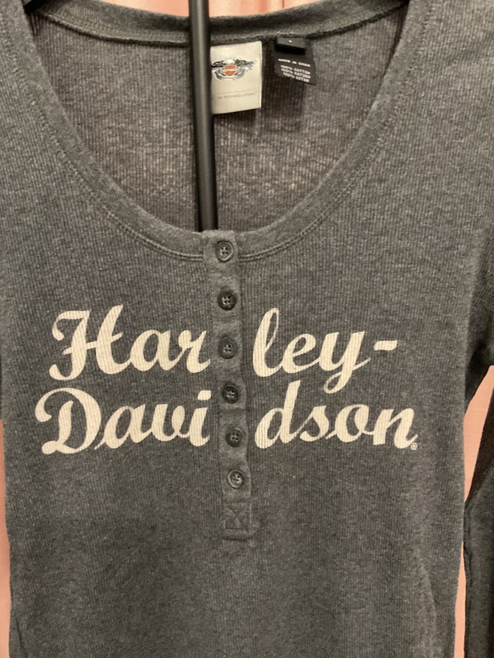 Harley Davidson Gray Ribbed Henley Long Sleeve Top L